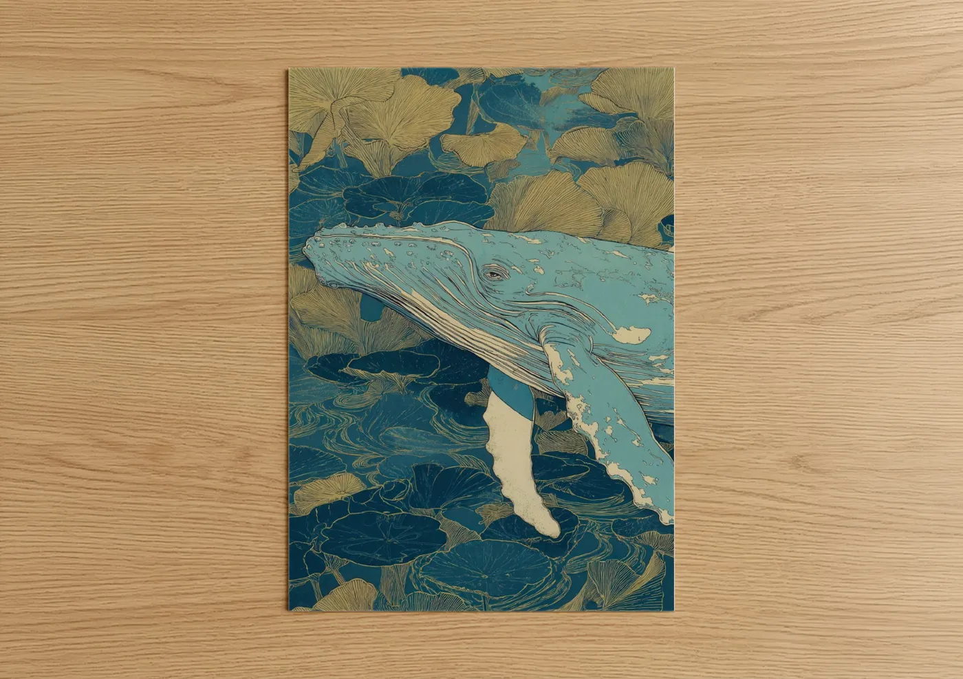 Humpback whale art print on warm oak wood — blue and gold palette — Lily Pad Whale poster