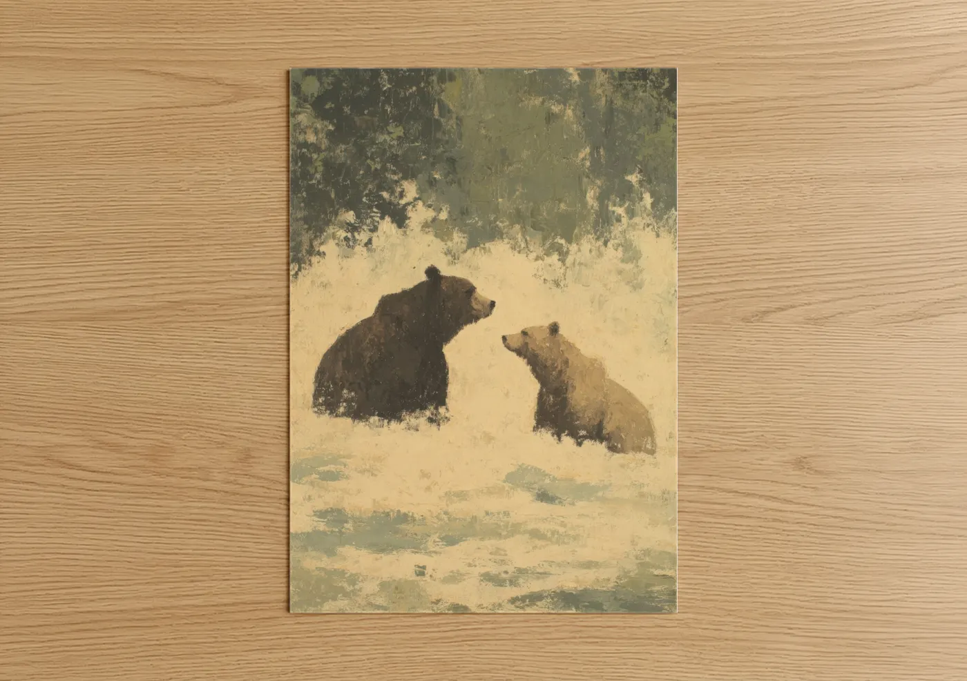Animals in love art print on warm oak wood — cream and sage green palette — Snowy Bear Pair poster