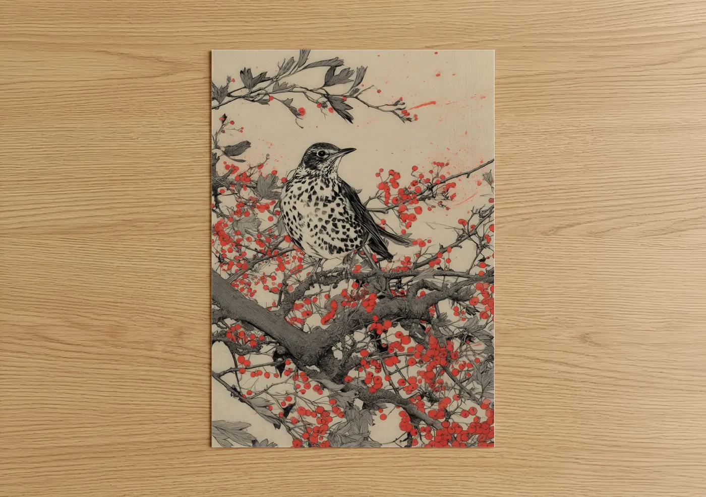 Speckled Thrush Red Berries Illustration Wall Art