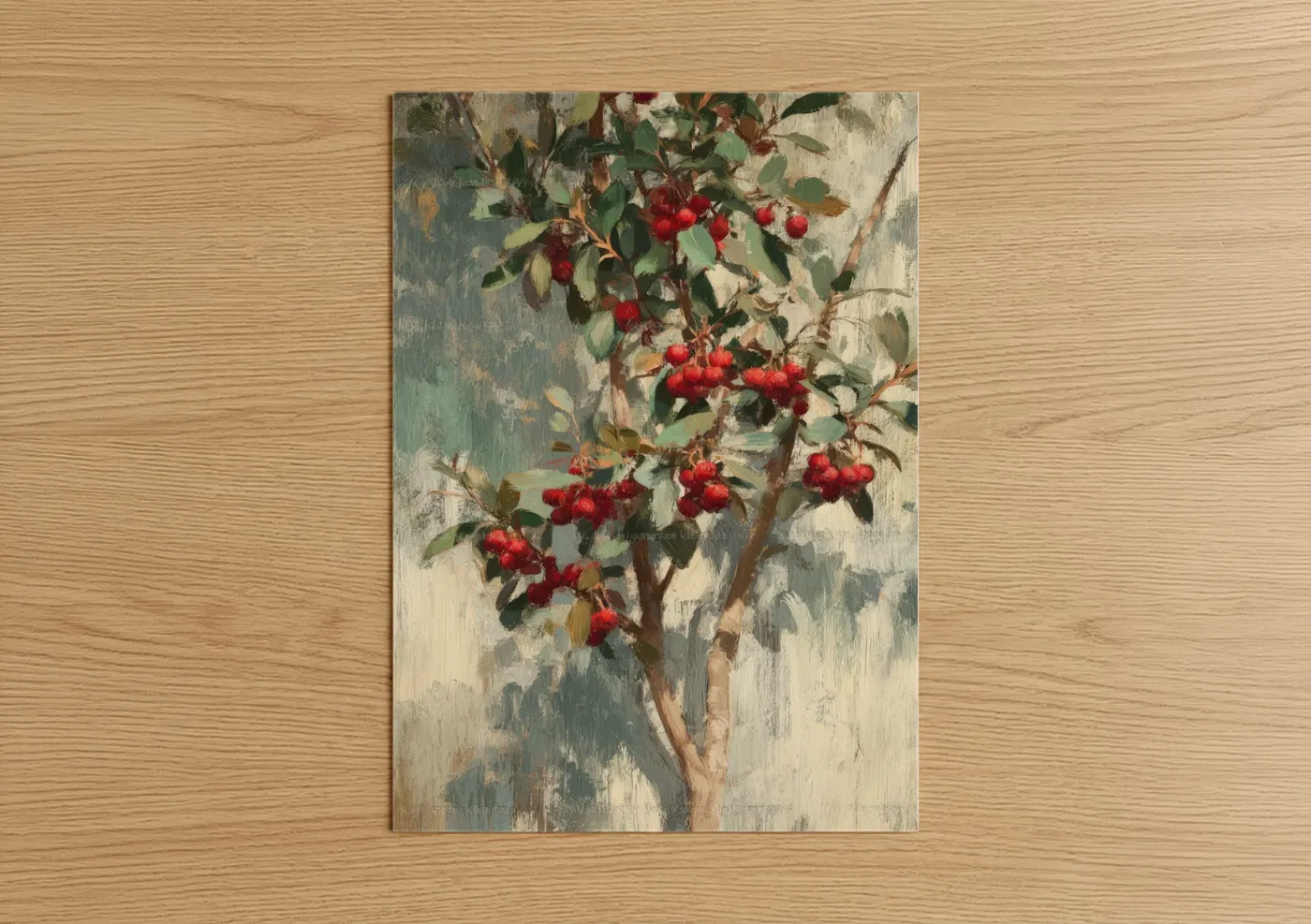 Arbutus tree art print on warm oak wood — red and sage green palette — Crimson Arbutus poster