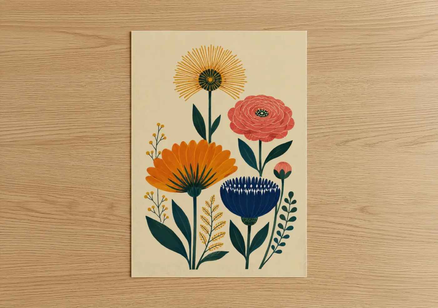 Flower art print on warm oak wood — orange and beige palette — Retro Floral Garden Wall Art poster