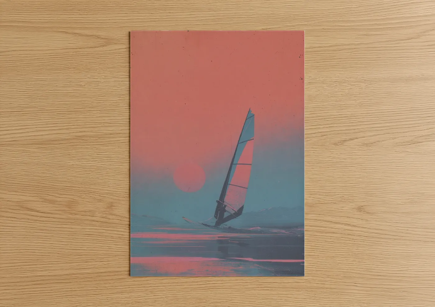 Art print on warm oak wood — salmon pink and blue palette — Sunset Windsurfing poster