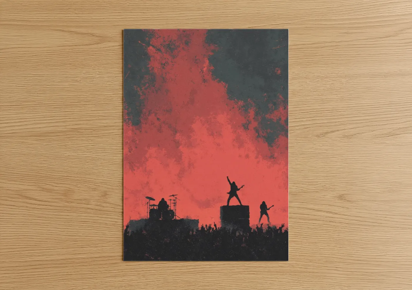 Death metal art print on warm oak wood — red and black palette — Crimson Stage Silhouette poster