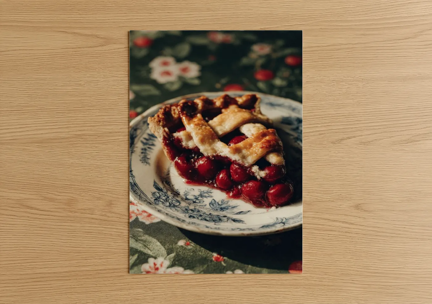 Sweet art print on warm oak wood — red and cream palette — Cherry Pie Slice poster