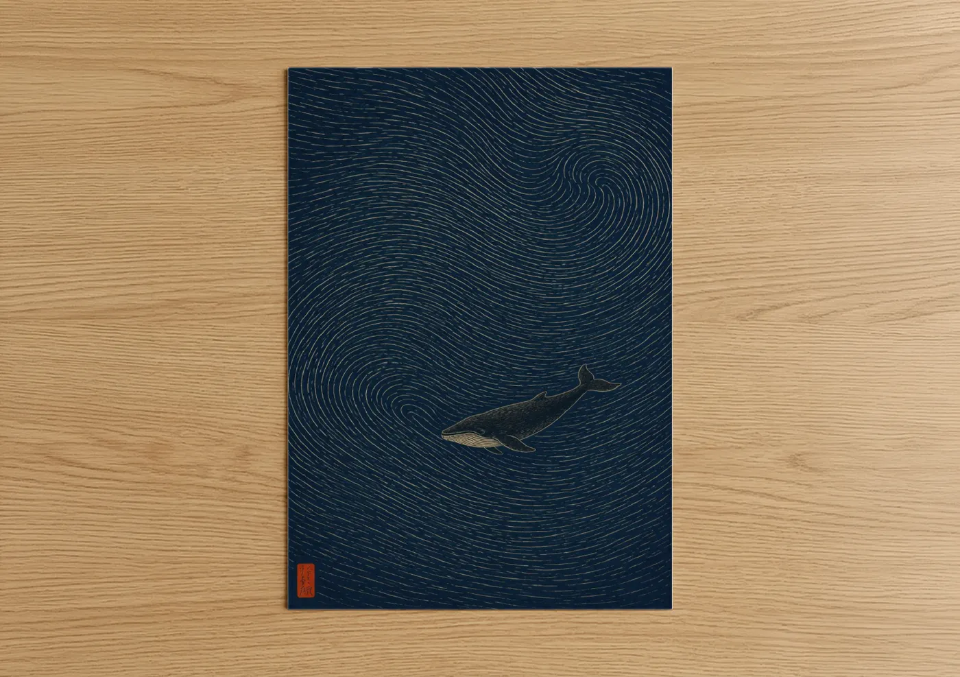 Art print on warm oak wood — dark blue and gold palette — Humpback Whale Ocean Minimalist Wall Art poster