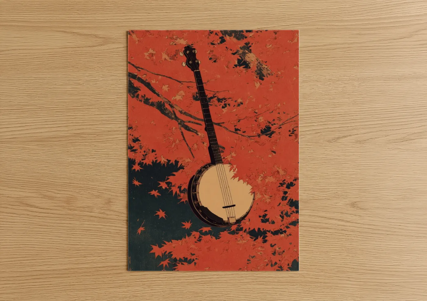 Art print on warm oak wood — red and orange palette — Autumn Banjo poster
