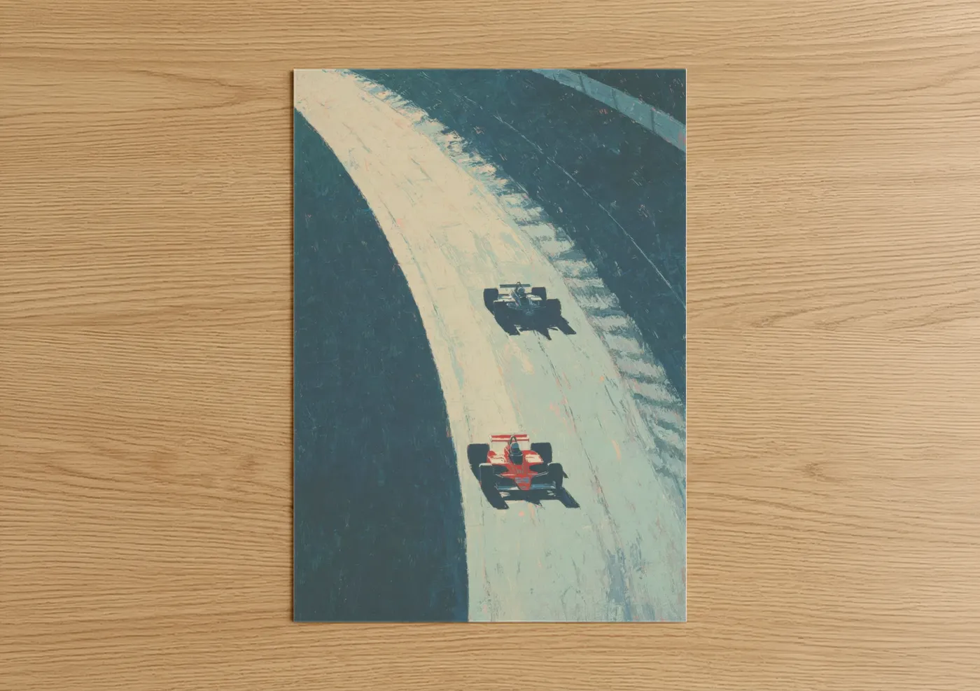 Auto racing art print on warm oak wood — teal and cream palette — Apex Racing Duel poster