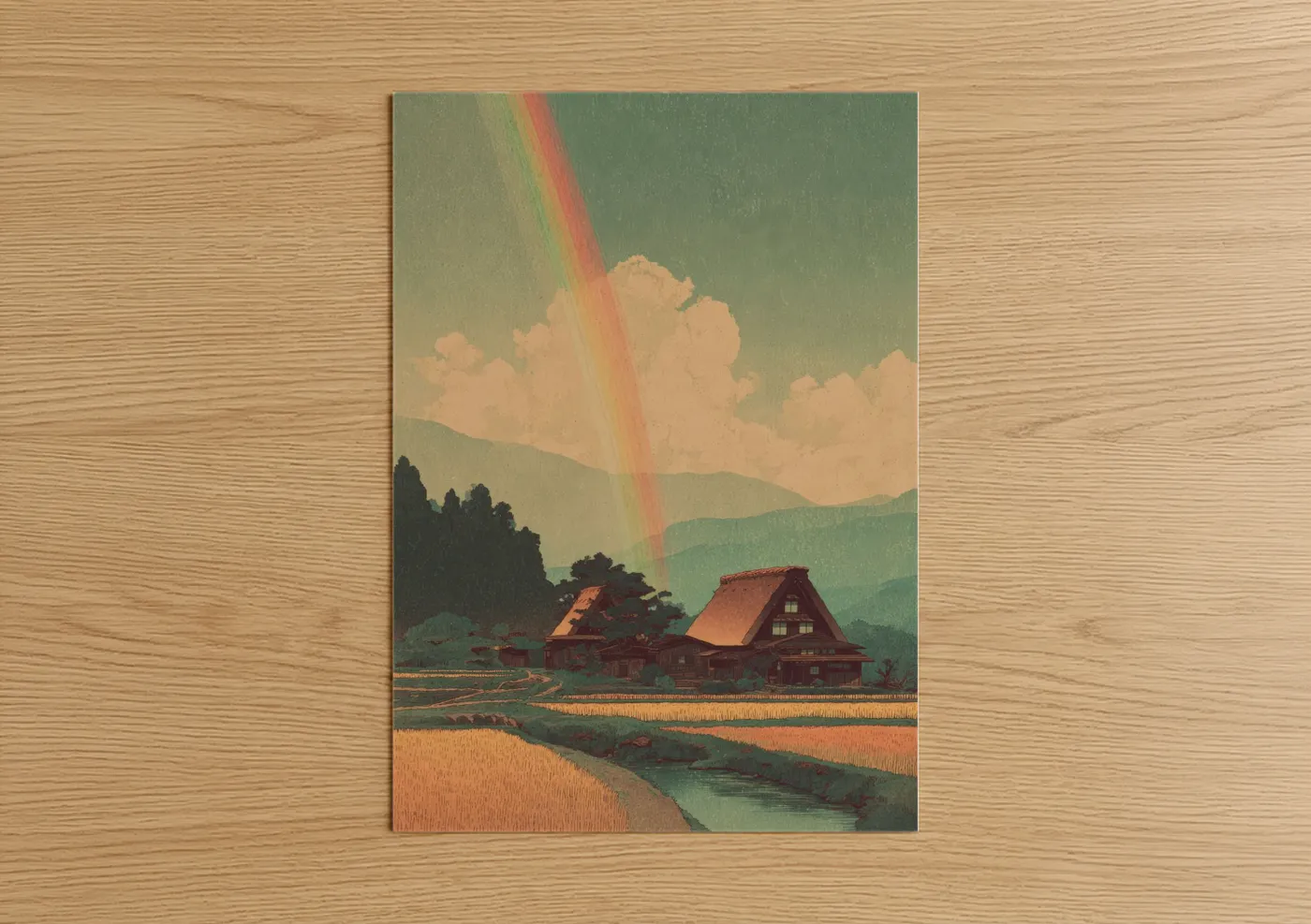 Art print on warm oak wood — sage green and peach palette — Rainbow Farmhouse poster
