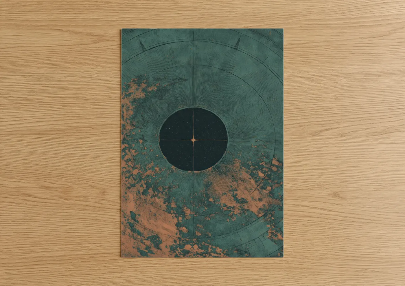 Art print on warm oak wood — teal and russet palette — Vintage Compass poster