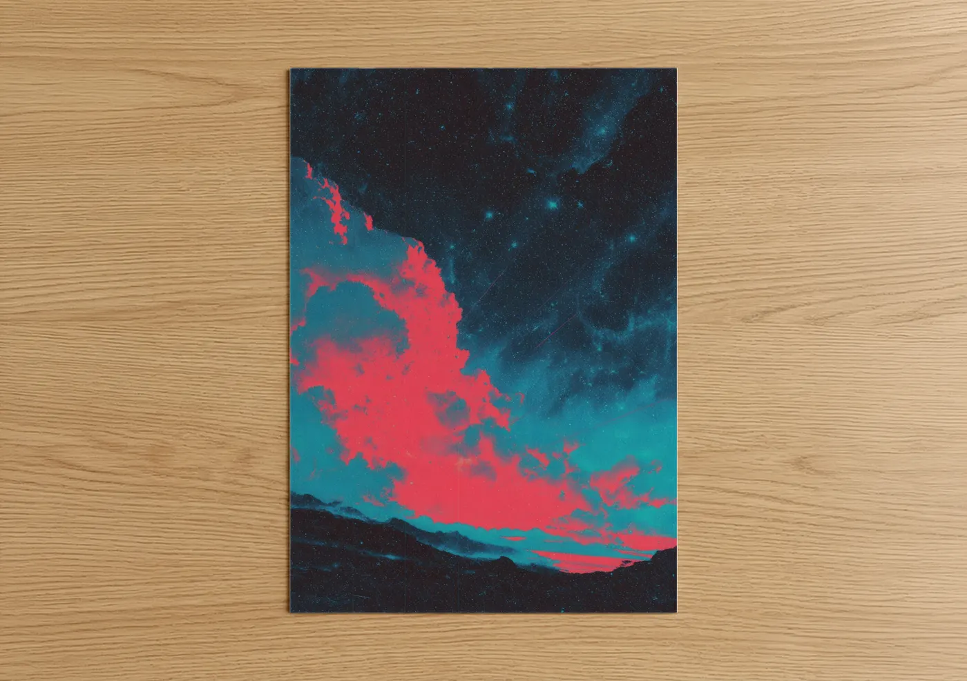 Art print on warm oak wood — magenta and dark blue palette — Cosmic Nebula poster