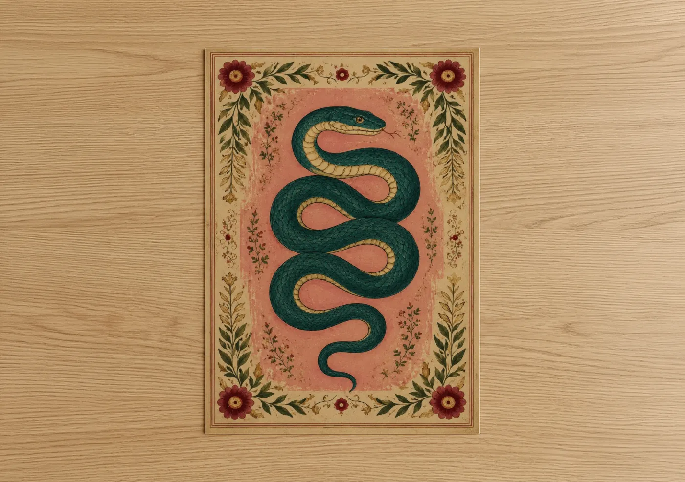 Art print on warm oak wood — peach and dark green palette — Botanical Snake Illustration Wall Art poster
