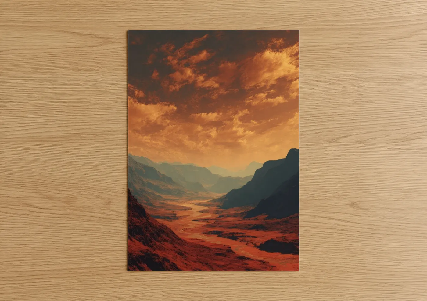 Art print on warm oak wood — gold and orange palette — Golden Canyon Sunset poster