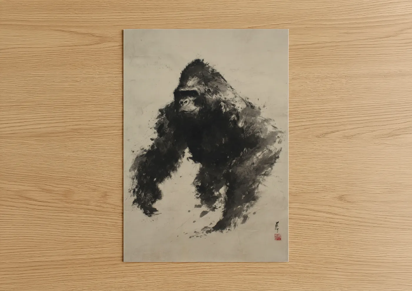 Contemplative Gorilla Ink Wash Wall Art