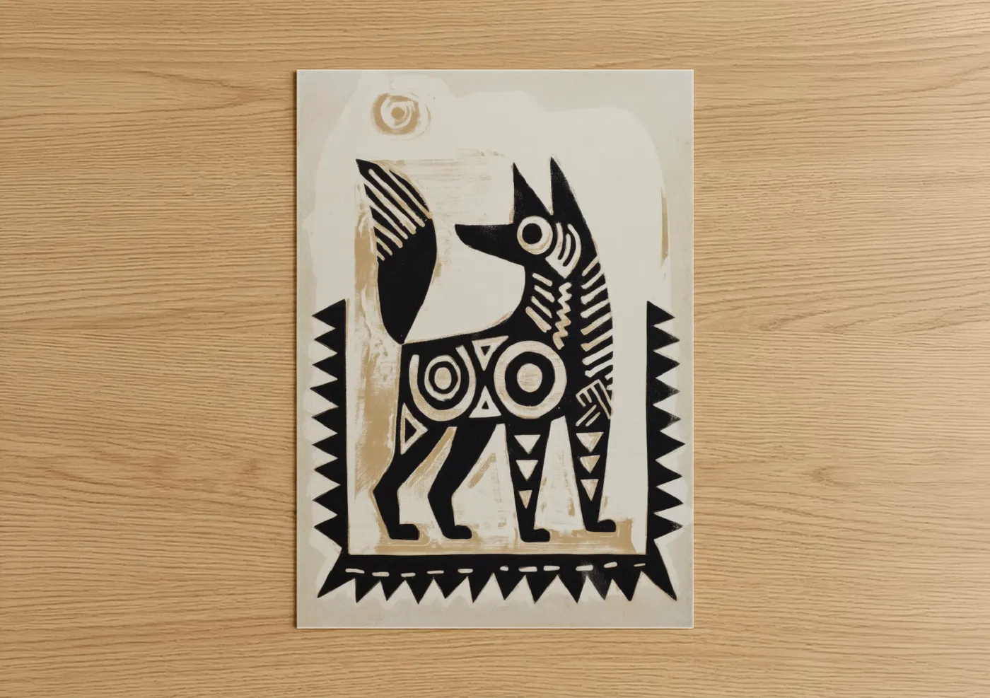 Abstract traditional art print on warm oak wood — black and white and cream palette — Geometric Ibis poster