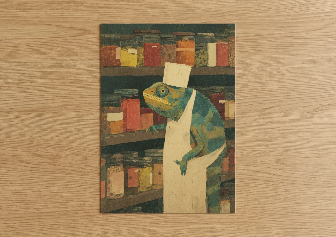 Art print on warm oak wood — russet and teal palette — Pantry Chameleon poster