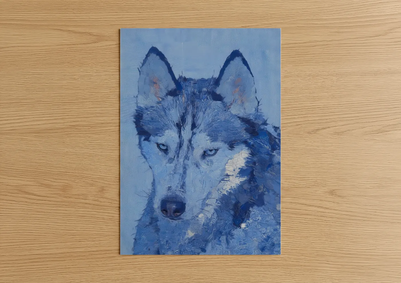Art print on warm oak wood — blue and white palette — Frosty Husky poster