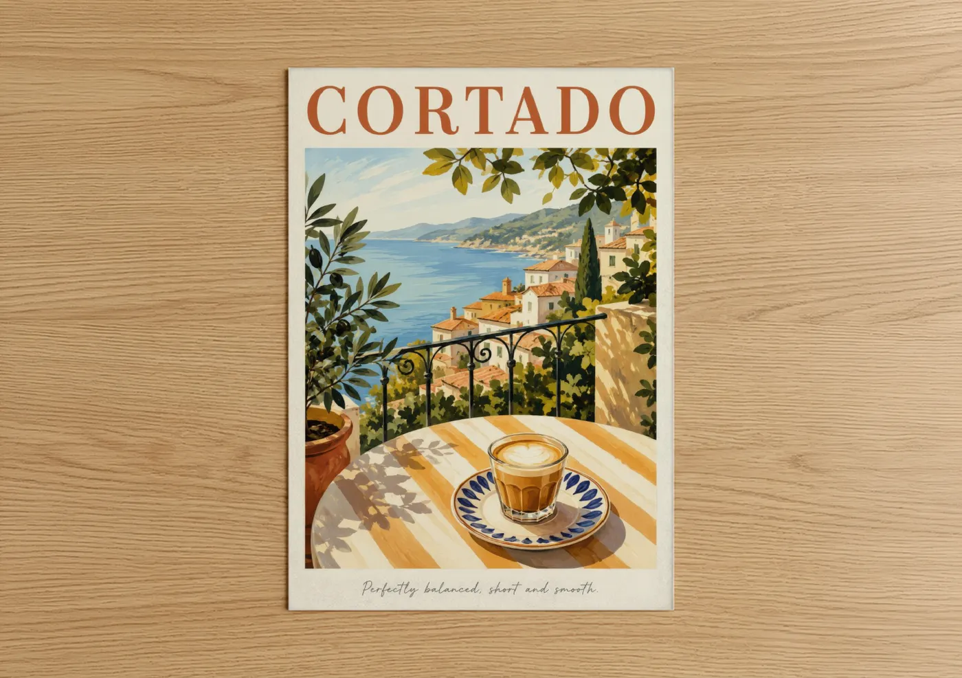 Art print on warm oak wood — blue and beige palette — Mediterranean Coastal Cafe Coffee Wall Art poster