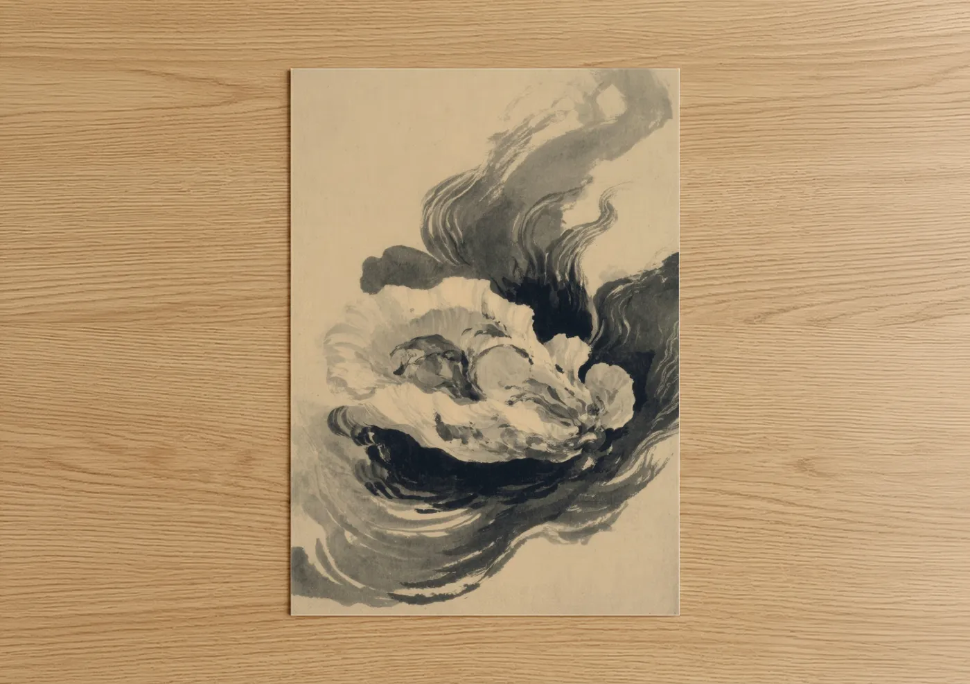 Art print on warm oak wood — black and white and gray palette — Oyster Ink Study poster