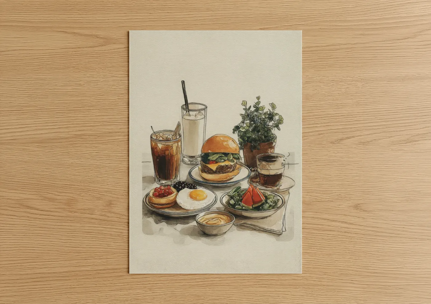 Art print on warm oak wood — cream and gold palette — Gourmet Fast Food poster