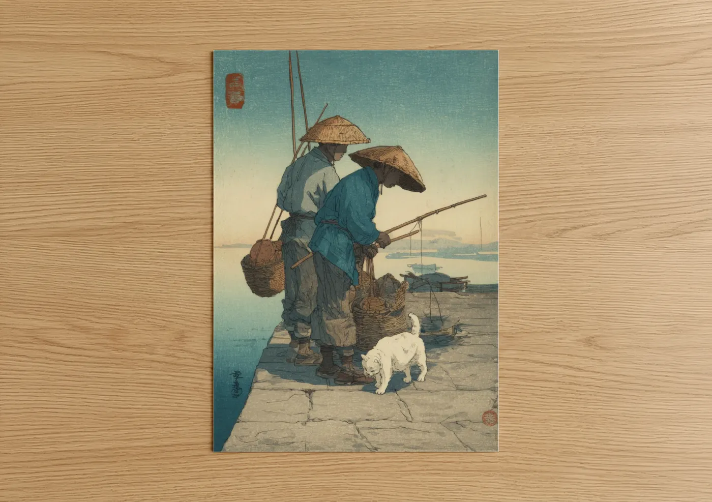 Fishing art print on warm oak wood — teal and beige palette — Dock Fishermen poster