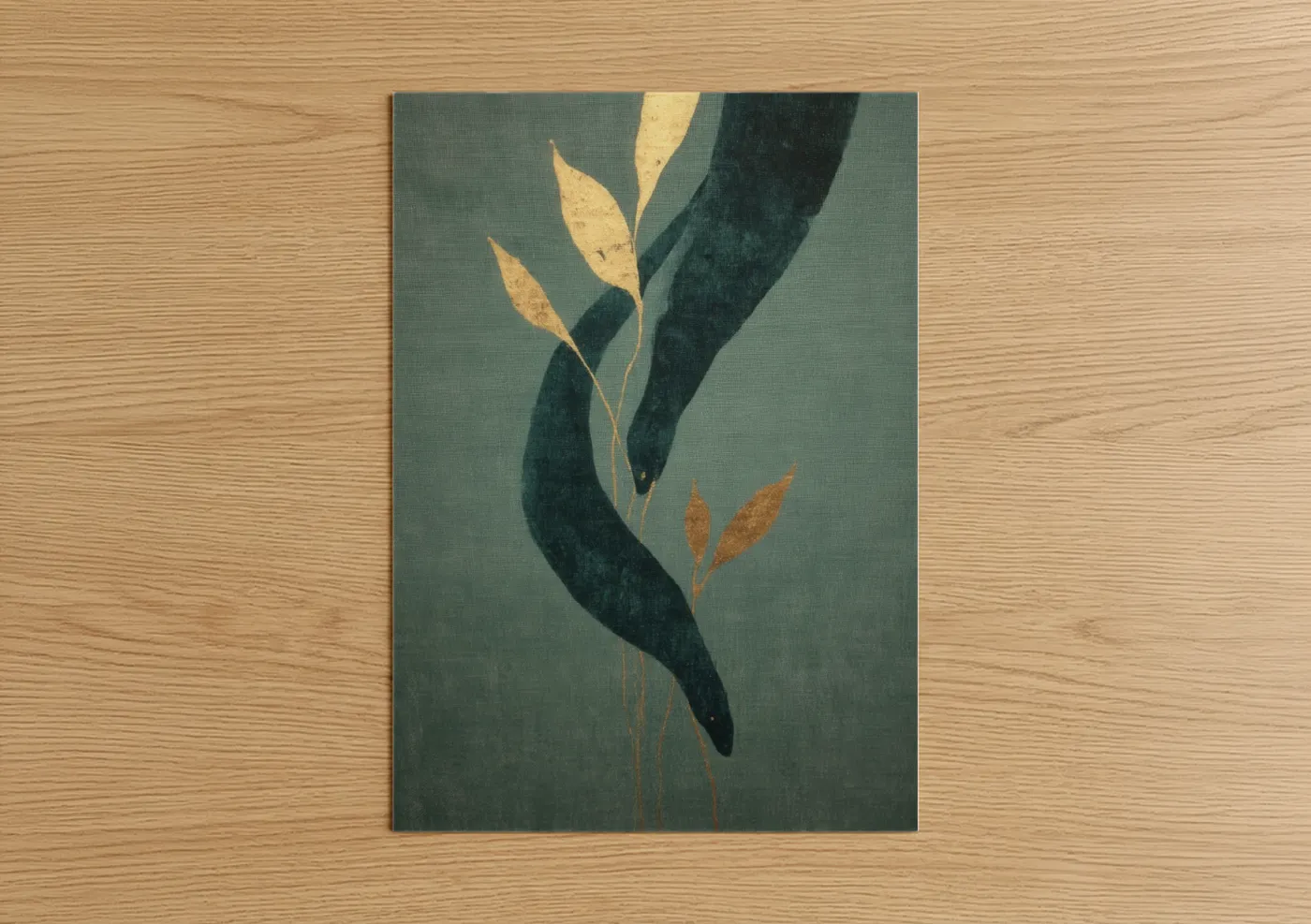 Eels art print on warm oak wood — sage green and gold palette — Golden Eel Dance poster