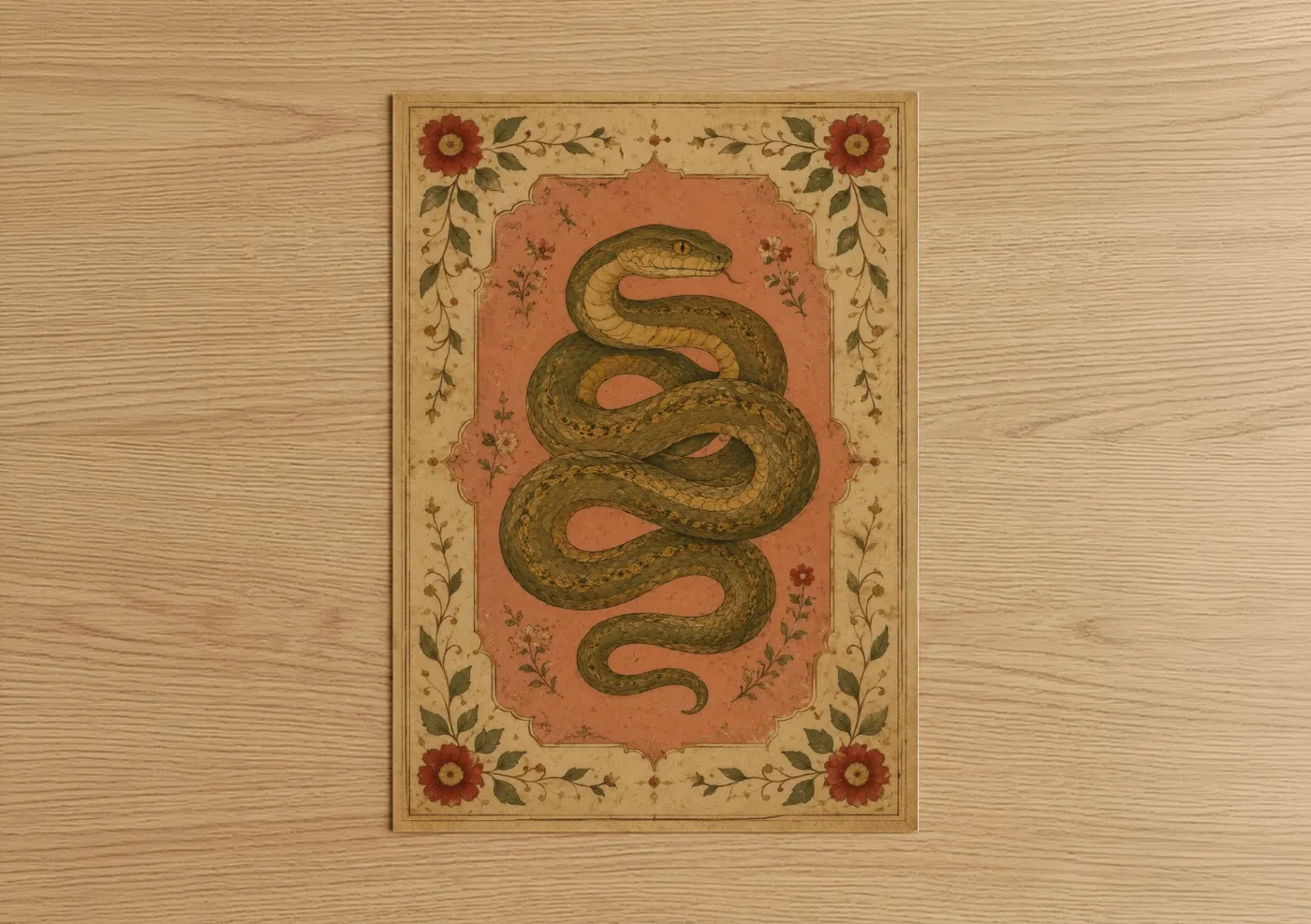 Art print on warm oak wood — salmon pink and olive palette — Vintage Persian Snake Botanical Wall Art poster