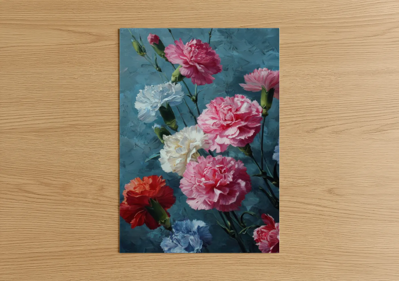 Art print on warm oak wood — pink and teal palette — Jewel Tone Carnations poster