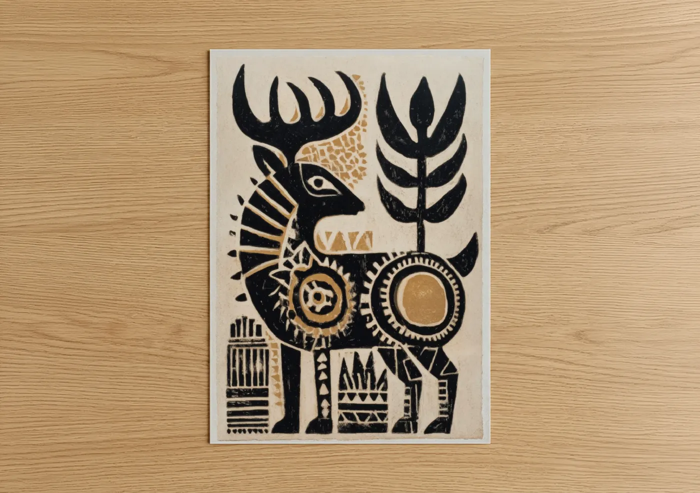 Abstract traditional art print on warm oak wood — black and white and gold palette — Sacred Stag poster