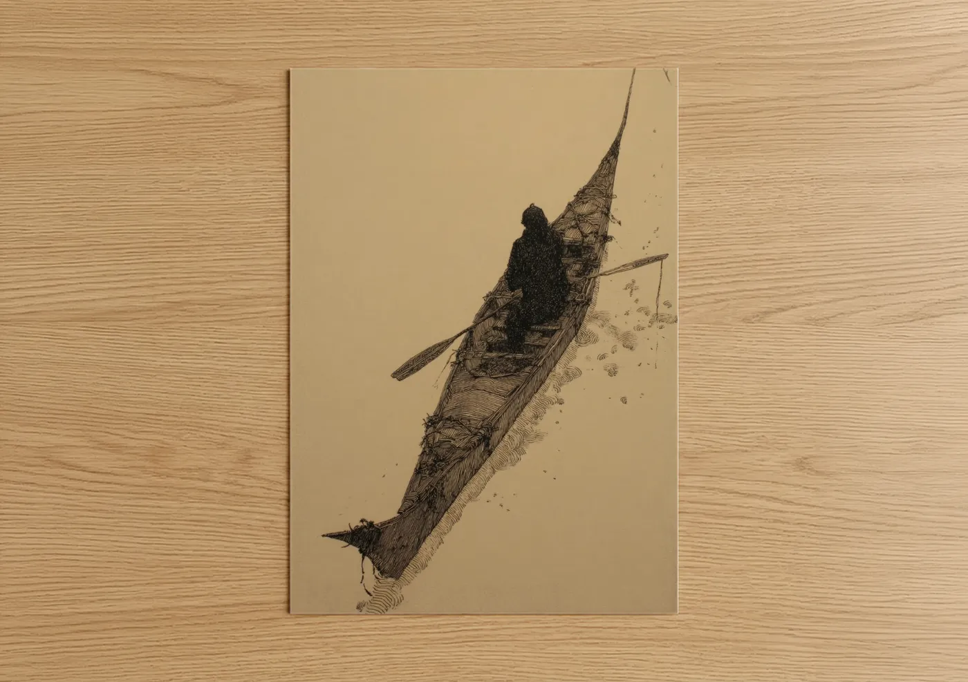Kayaks and canoes art print on warm oak wood — black and white and cream palette — Solitary Paddler poster