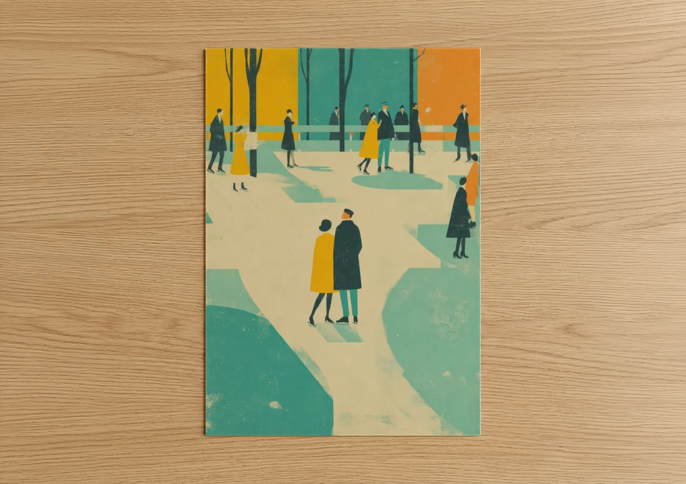 Retro Winter Ice Skating Social Scene Wall Art