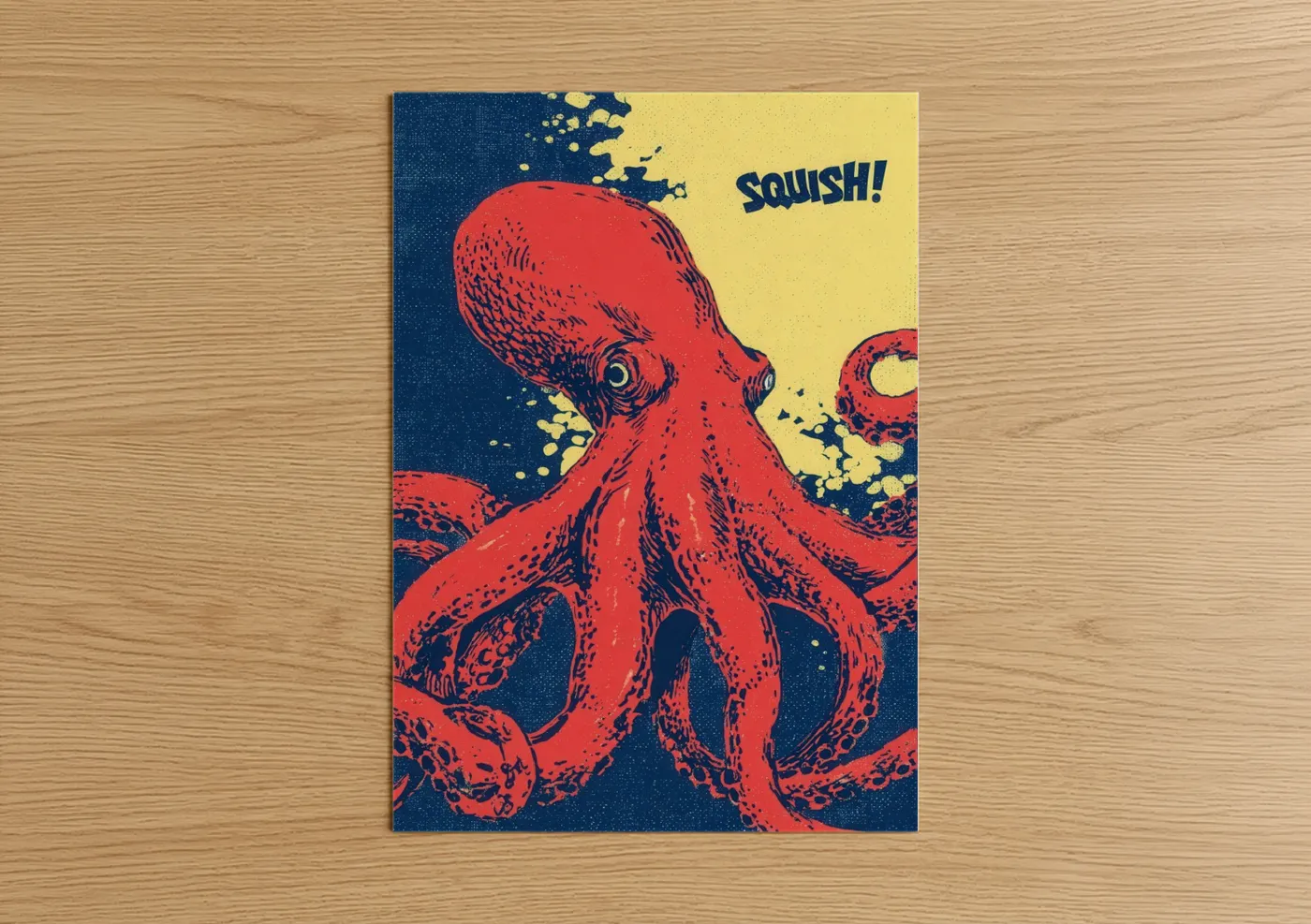 Art print on warm oak wood — red and dark blue palette — Red Octopus Pop poster