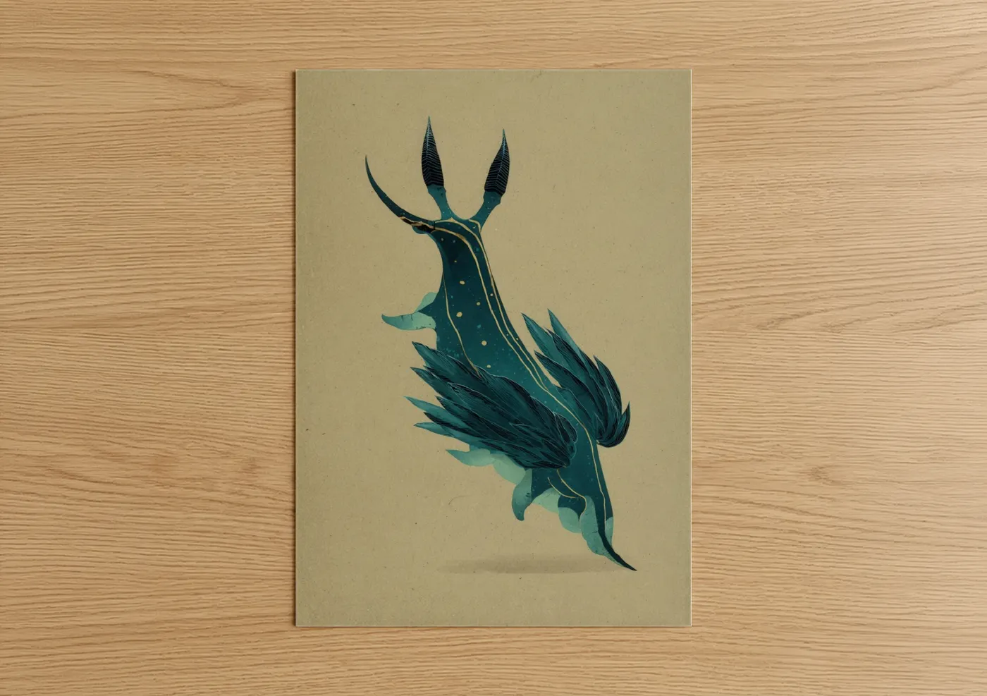 Art print on warm oak wood — teal and cream palette — Teal Nudibranch poster