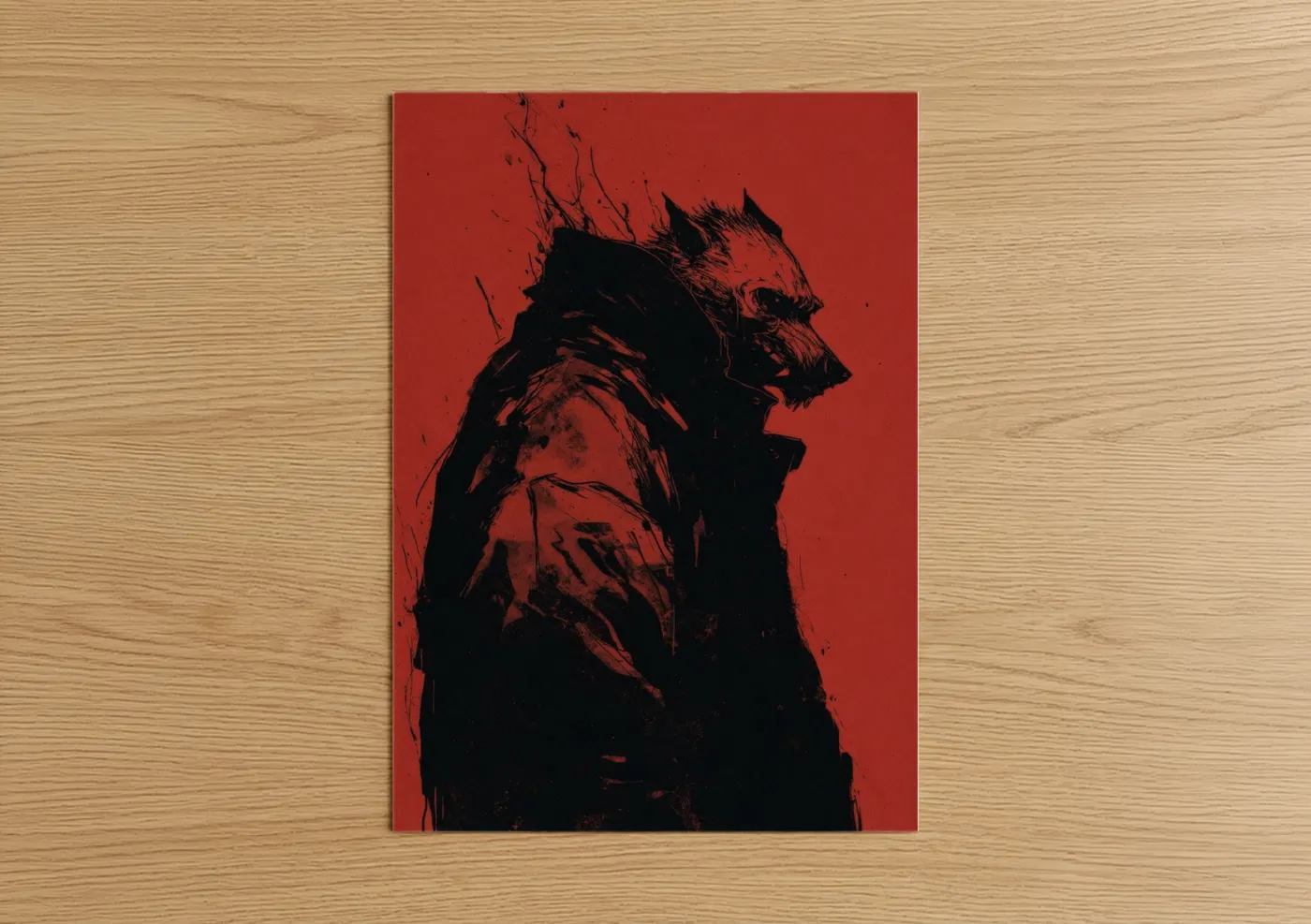 Art print on warm oak wood — red and black palette — Crimson Werewolf poster