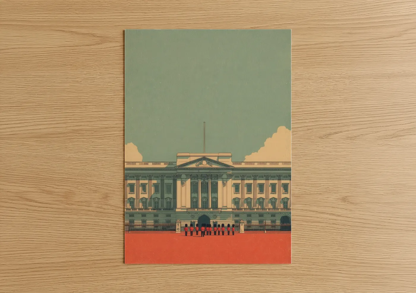Buckingham palace art print on warm oak wood — sage green and cream palette — Royal Palace Guard poster