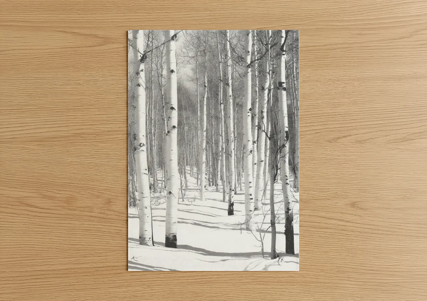 Aspen forest art print on warm oak wood — black and white and gray palette — Snowy Aspen Grove poster