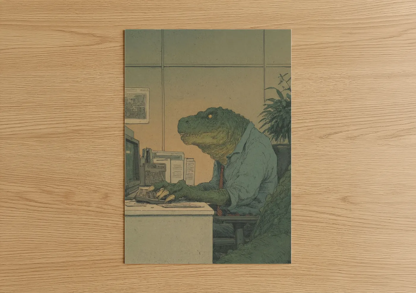 Dinosaur Office Worker Vintage Illustration Wall Art