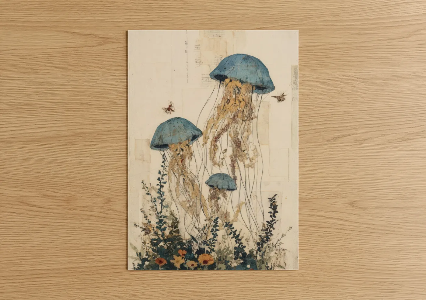 Art print on warm oak wood — blue and cream palette — Ethereal Jellyfish poster