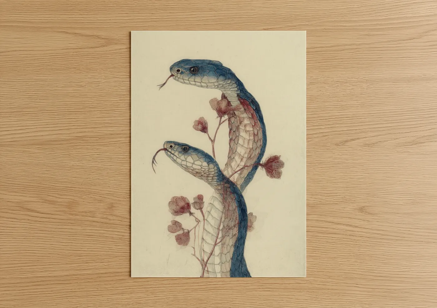 Art print on warm oak wood — dark blue and beige palette — Intertwined Cobras poster