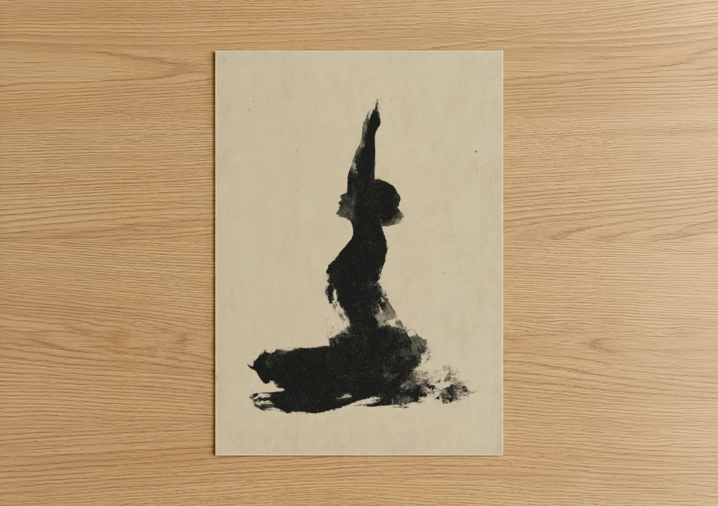Yoga art print on warm oak wood — black and cream palette — Upward Stretch Pose poster