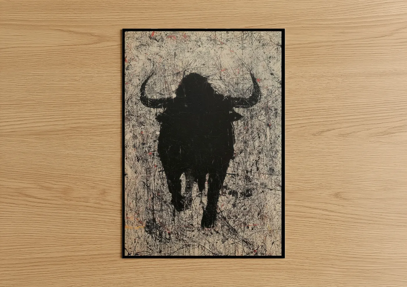 Art print on warm oak wood — black and cream palette — Charging Bull poster
