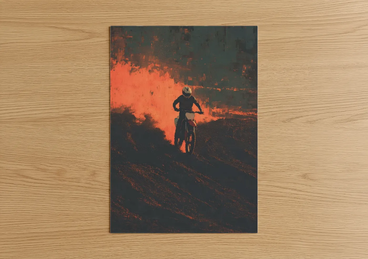 Art print on warm oak wood — orange and black palette — Inferno Motocross poster