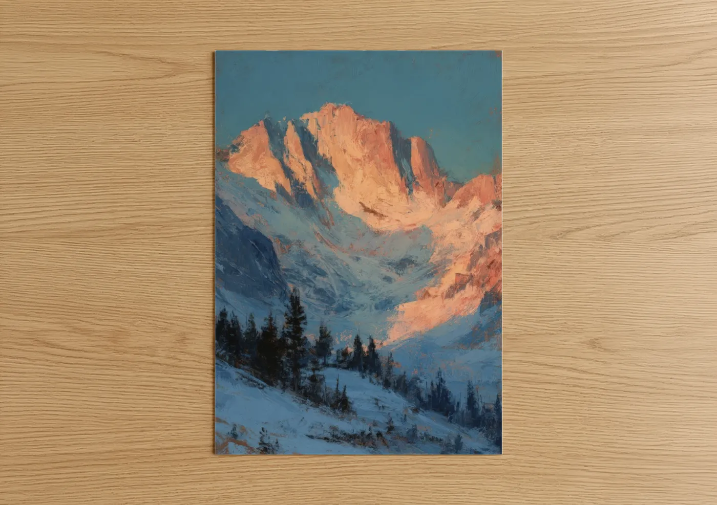 Snowy mountains art print on warm oak wood — blue and peach palette — Alpine Sunrise Peak poster