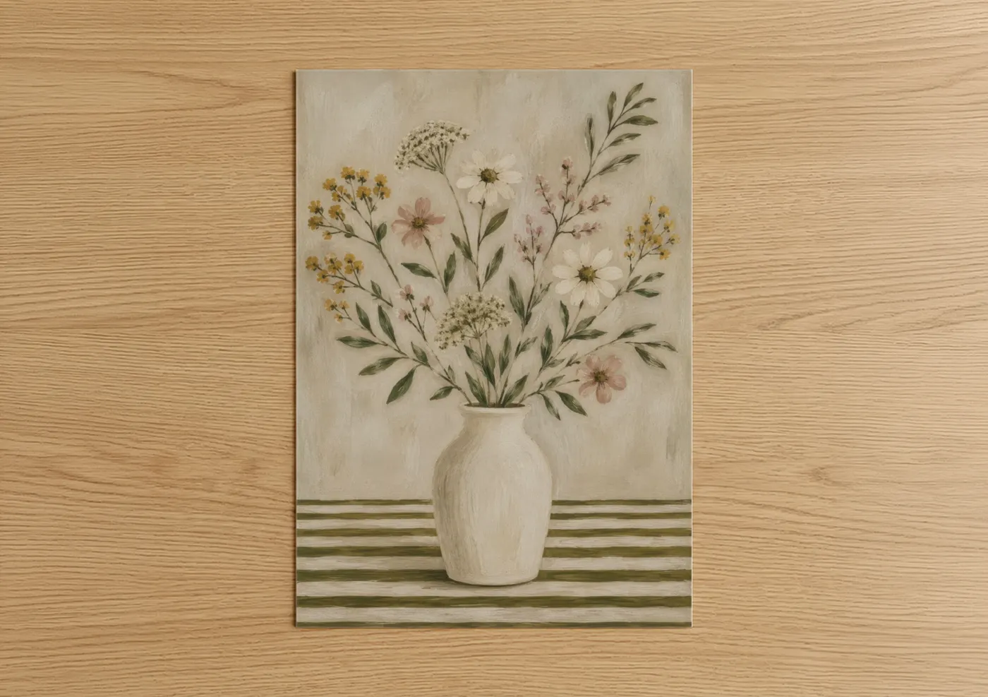 Art print on warm oak wood — beige and cream palette — Neutral Wildflower Bouquet Wall Art poster