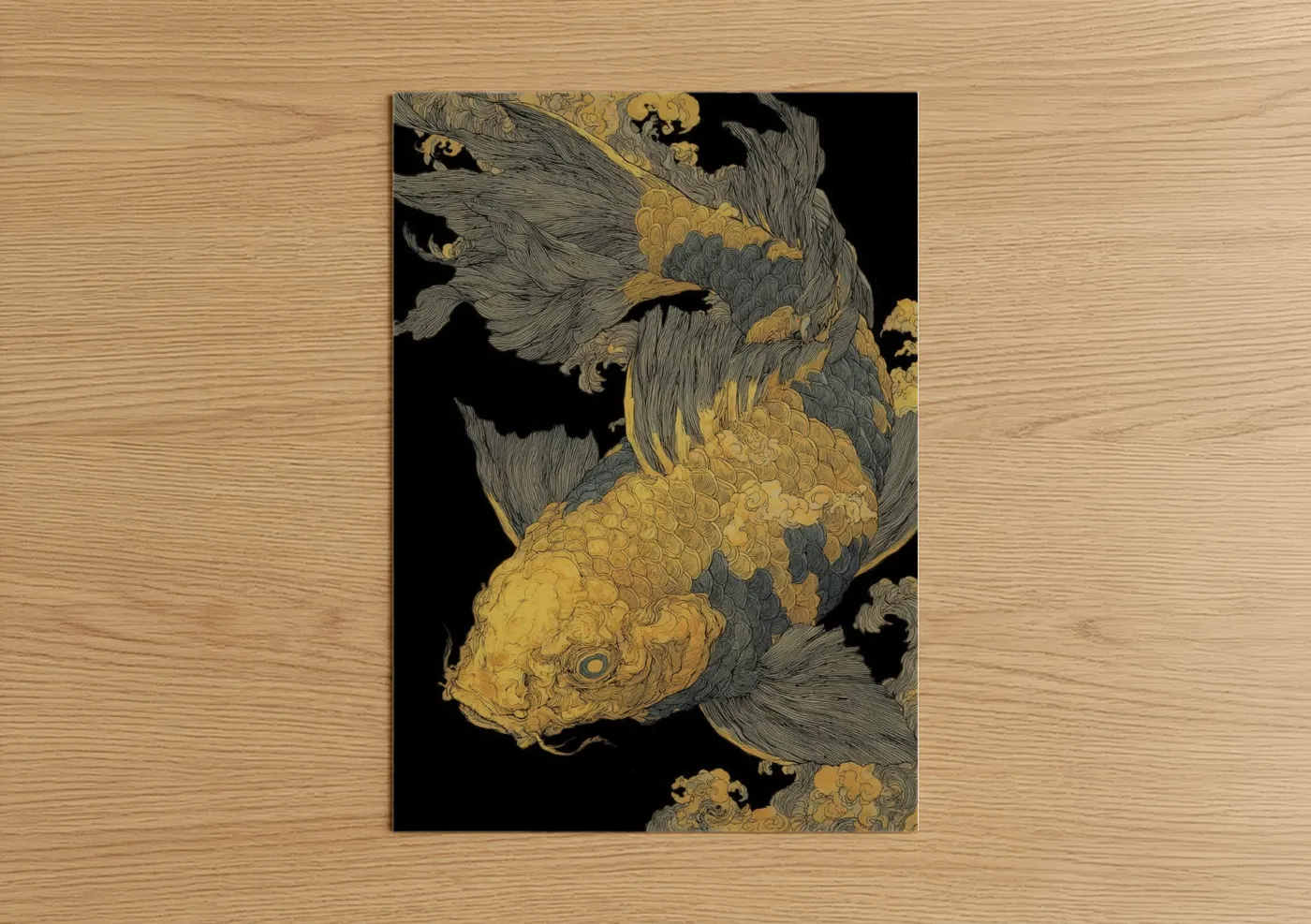 Koi fish art print on warm oak wood — gold and black and white palette — Golden Koi Dance poster