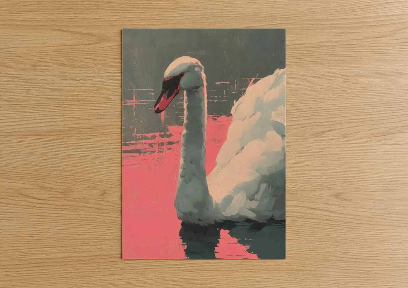 Art print on warm oak wood — salmon pink and cream palette — Crimson Swan poster