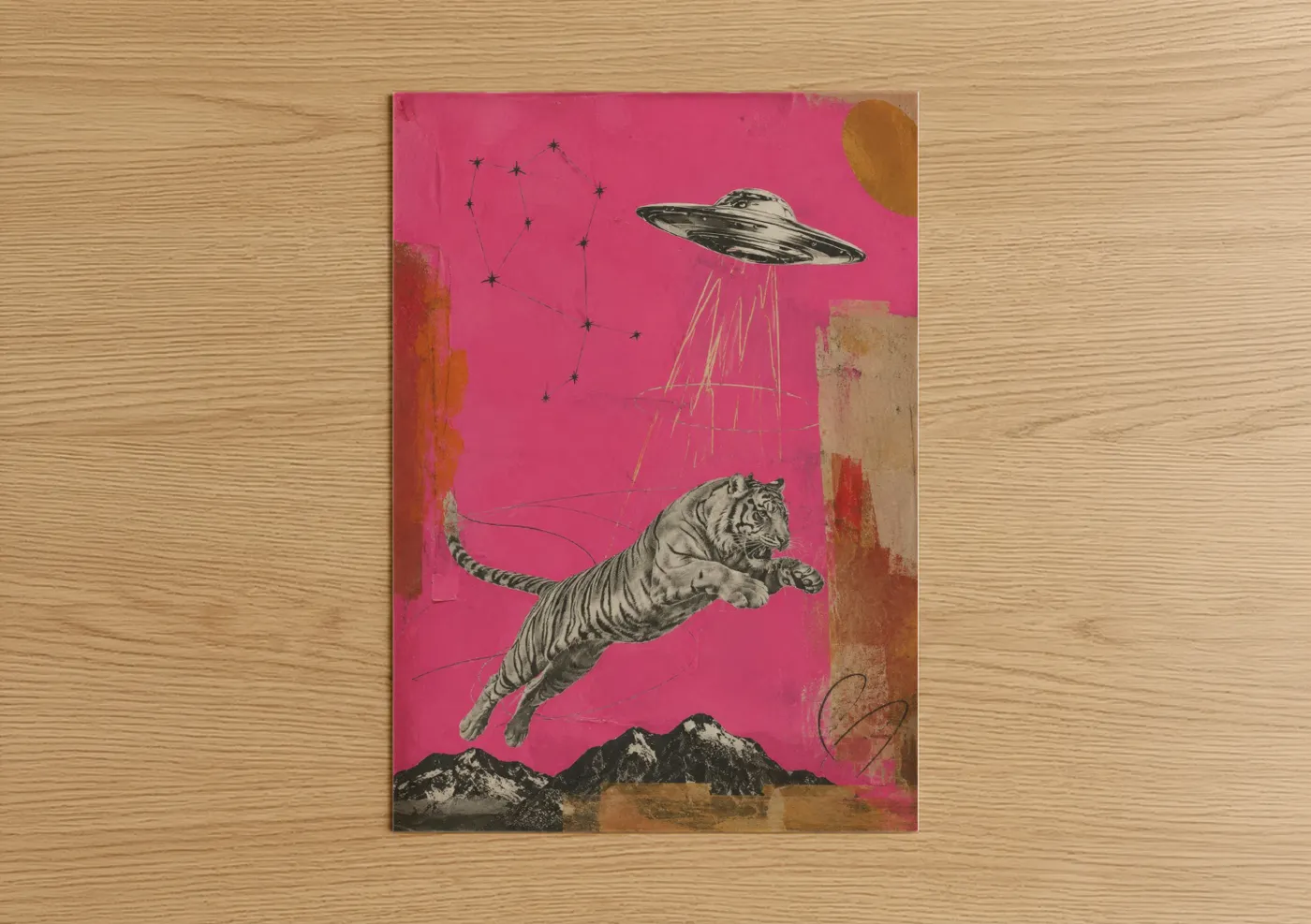 Art print on warm oak wood — magenta and gold palette — Surreal Tiger UFO Cosmic Wall Art poster
