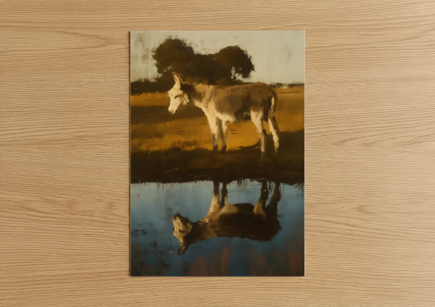 Art print on warm oak wood — gold and blue and white palette — Riverside Donkey poster