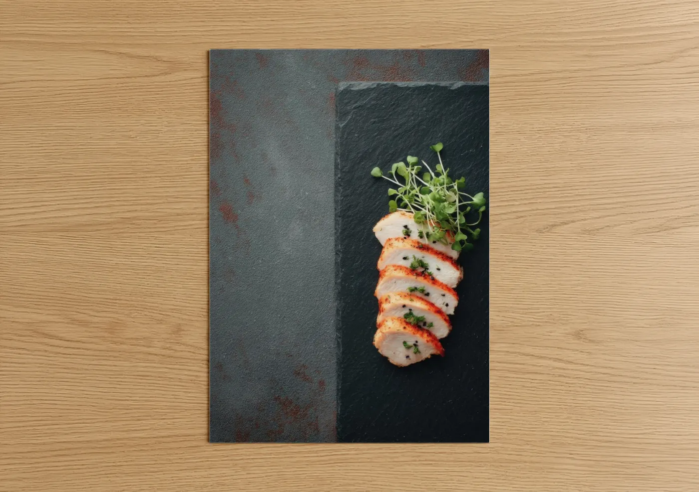 Art print on warm oak wood — gray and black and white palette — Seared Poultry Elegance poster