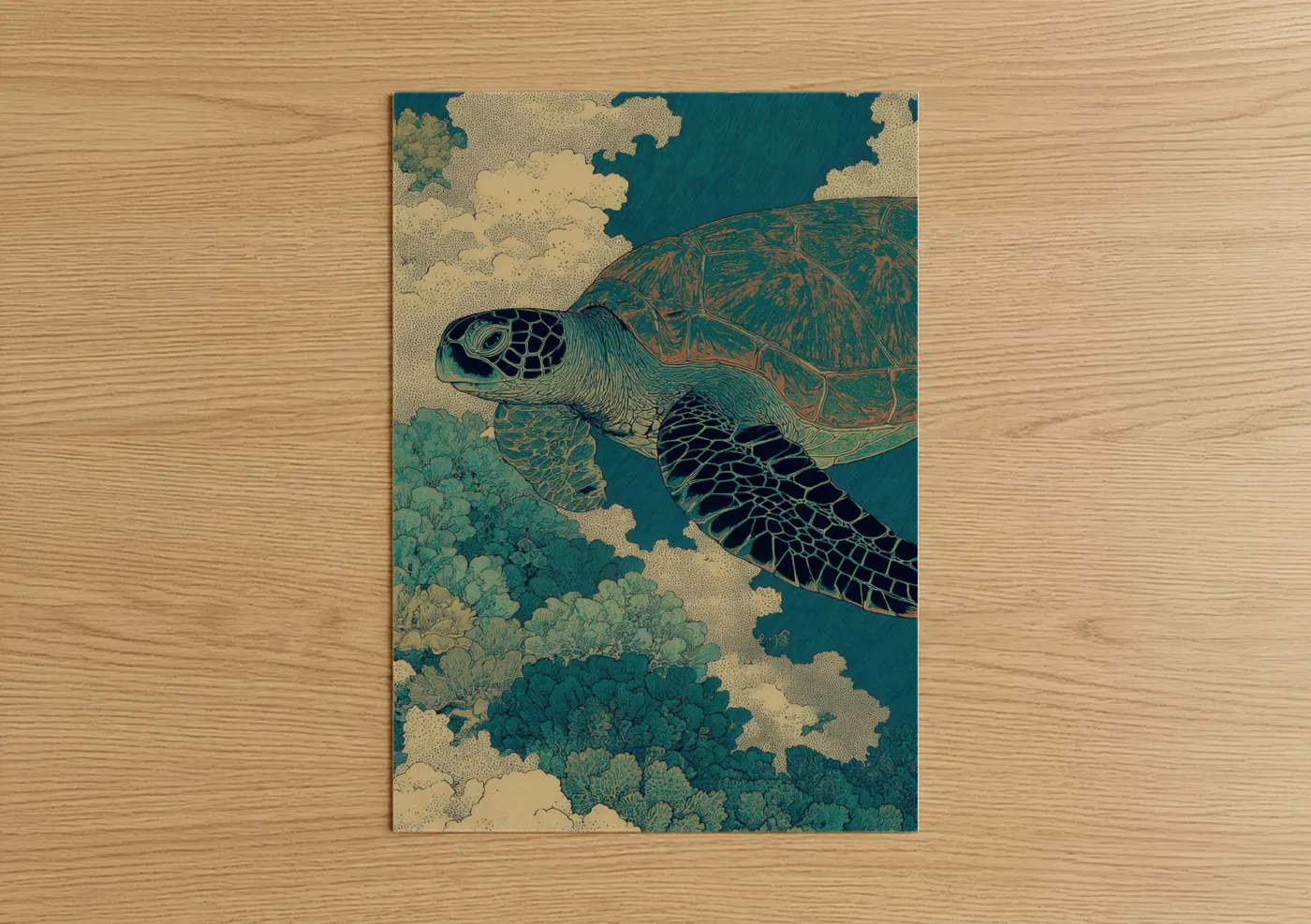 Art print on warm oak wood — teal and cream palette — Serene Sea Turtle poster