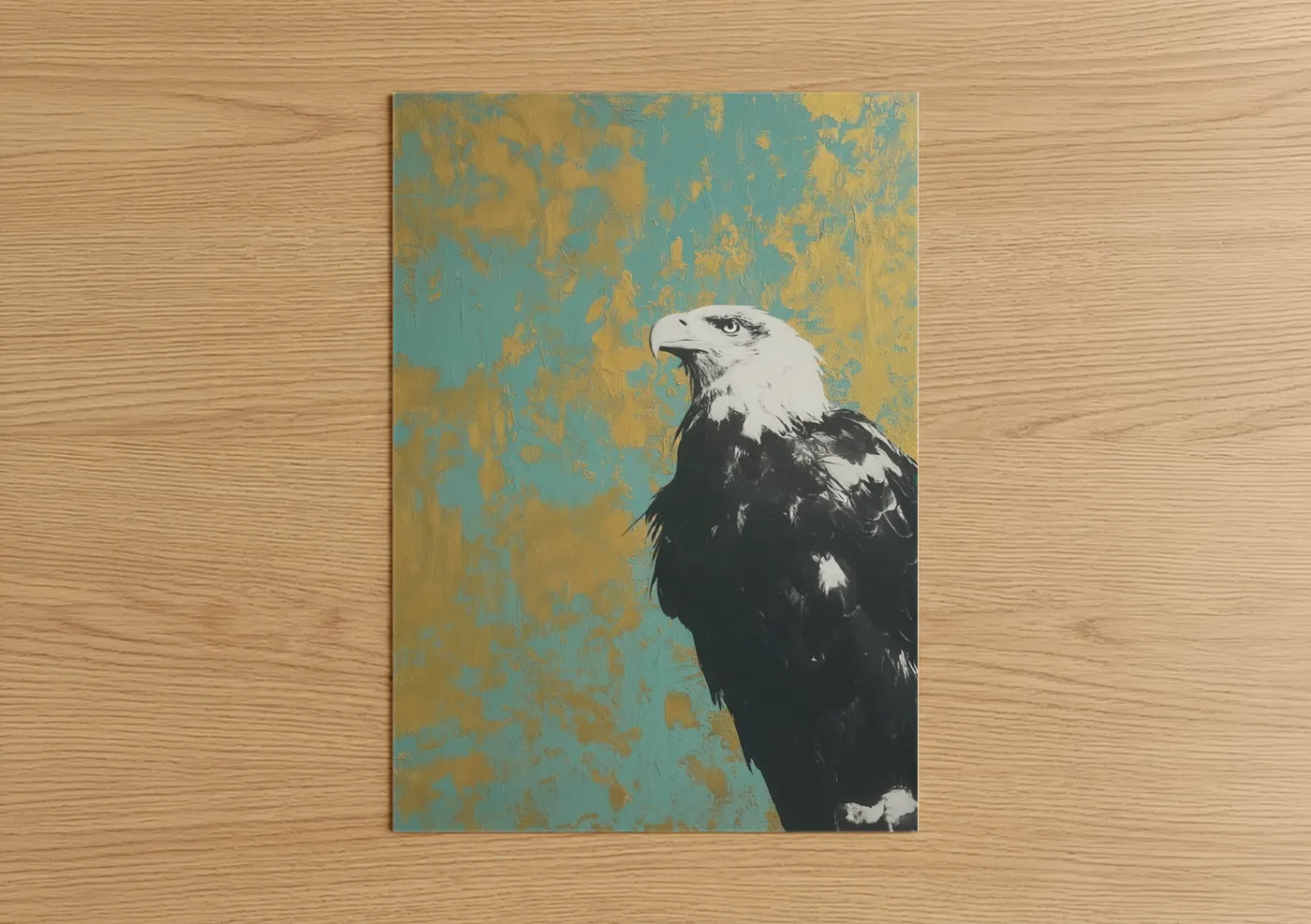 Art print on warm oak wood — teal and yellow gold palette — Majestic Eagle Portrait poster